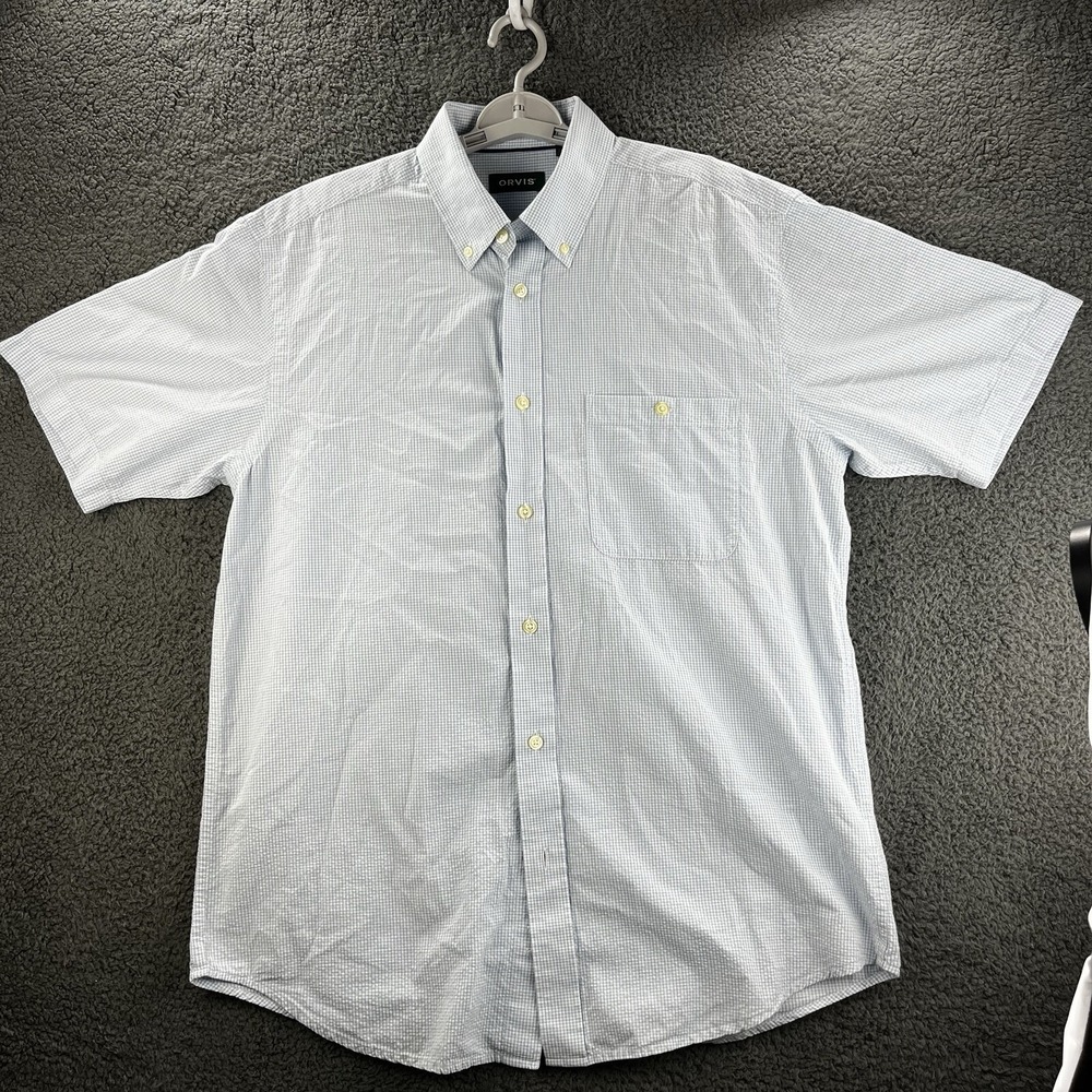 Orvis Shirt Blue White Mens Large Gingham Plaid Short‎ Sleeve Button Up Casual